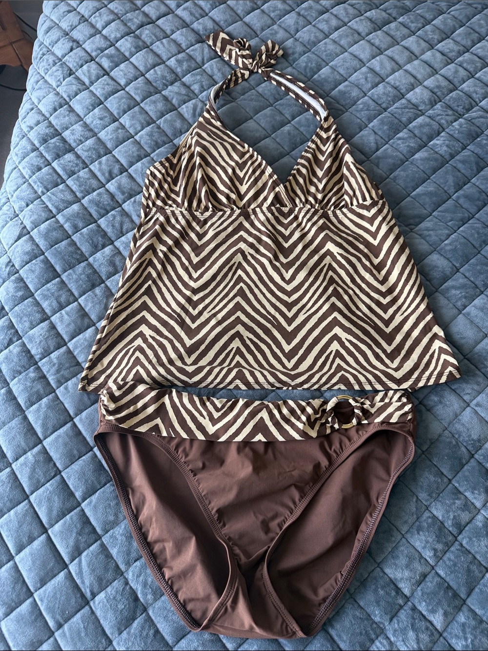 Talbots Brown and Cream Zigzag Tankini 
Size 10 bottom.  Size 12 top